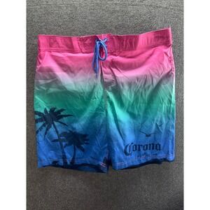 Corona Extra Mens Swim Trunks Large Pink Blue Ombre Palm Tree Board Shorts